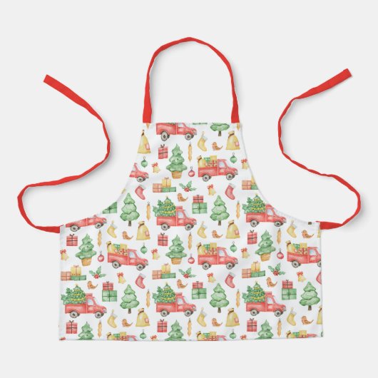 クリスマスヴィンテージレッドトラックパターン エプロン (正面)