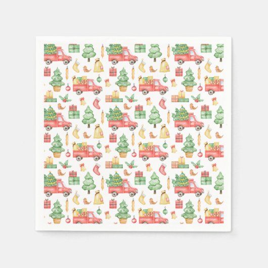 クリスマスヴィンテージレッドトラックパターン スタンダードカクテルナプキン (正面)