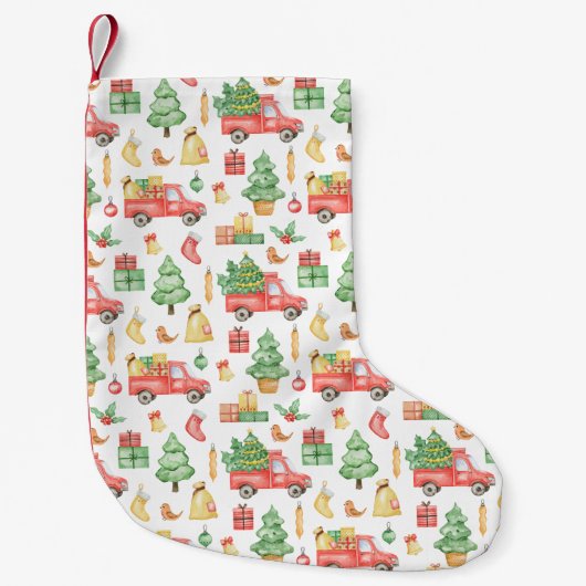 クリスマスヴィンテージレッドトラックパターン スモールクリスマスストッキング (正面)