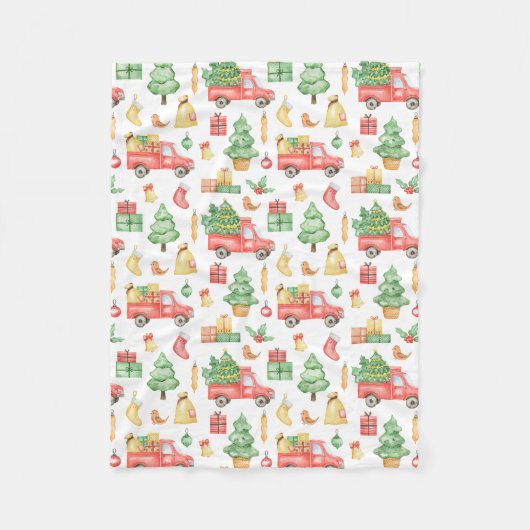 クリスマスヴィンテージレッドトラックパターン フリースブランケット (正面)