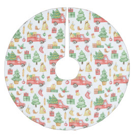 クリスマスヴィンテージレッドトラックパターン ブラッシュドポリエステルツリースカート