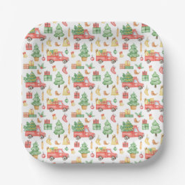 クリスマスヴィンテージレッドトラックパターン ペーパープレート