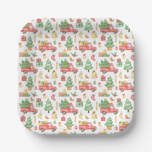 クリスマスヴィンテージレッドトラックパターン ペーパープレート (正面)