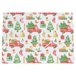 クリスマスヴィンテージレッドトラックパターン ラージペーパーバッグ