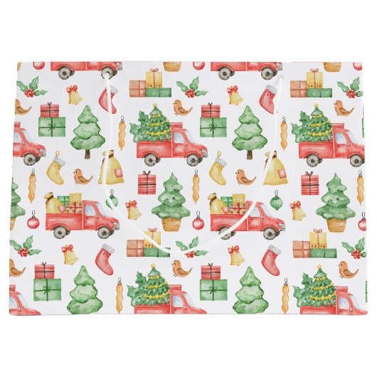 クリスマスヴィンテージレッドトラックパターン ラージペーパーバッグ (正面)
