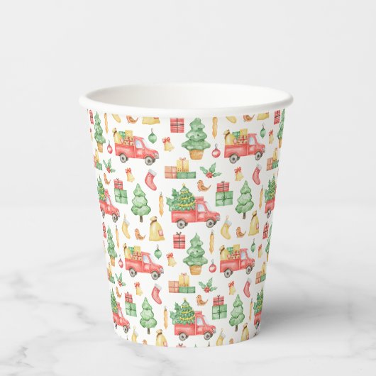 クリスマスヴィンテージレッドトラックパターン 紙コップ (正面)