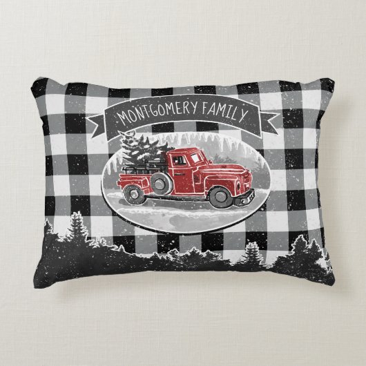 クリスマスヴィンテージレッドトラックホワイトバッファロープレイド アクセントクッション (正面)