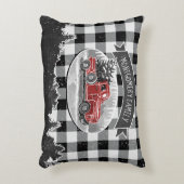 クリスマスヴィンテージレッドトラックホワイトバッファロープレイド アクセントクッション (正面(垂直))