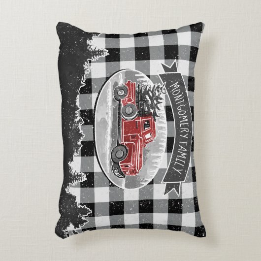 クリスマスヴィンテージレッドトラックホワイトバッファロープレイド アクセントクッション (正面(垂直))