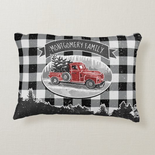 クリスマスヴィンテージレッドトラックホワイトバッファロープレイド アクセントクッション (裏面)