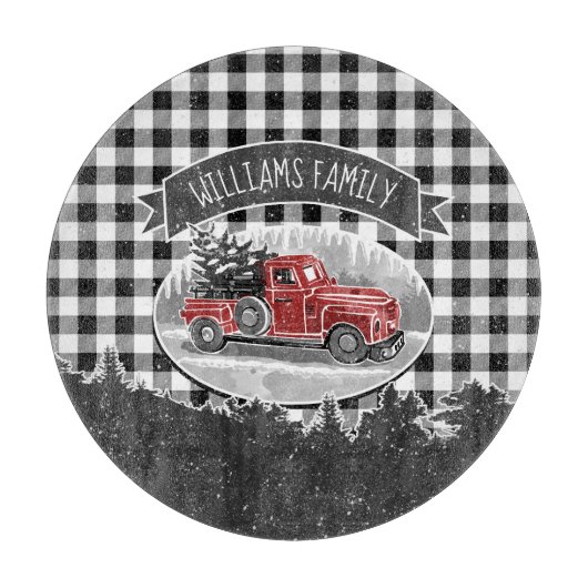 クリスマスヴィンテージレッドトラックホワイトバッファロープレイド カッティングボード (正面)