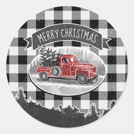 クリスマスヴィンテージレッドトラックホワイトバッファロープレイド ラウンドシール (正面)