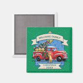 クリスマスヴィンテージレッドトラック(犬のファミリーネーム付き) マグネット (正面/裏面)