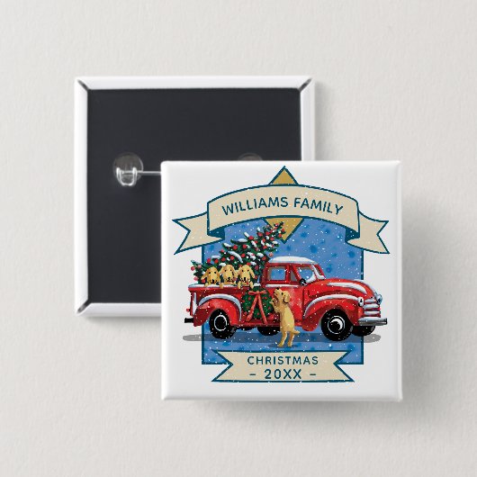 クリスマスヴィンテージレッドトラック（犬のファミリーネーム付き） 缶バッジ (正面&裏面)
