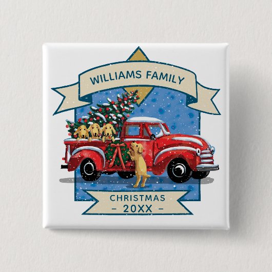 クリスマスヴィンテージレッドトラック(犬のファミリーネーム付き) 缶バッジ (正面)