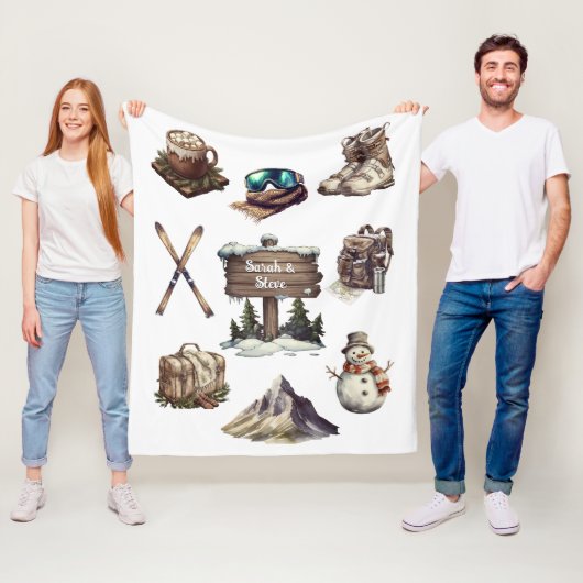クリスマスヴィンテージレトロスキーカップル屋外ホワイト フリースブランケット (インサイチュ)