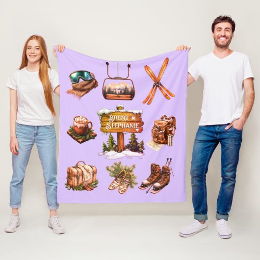 クリスマスヴィンテージレトロスキーカップル屋外ラベンダー フリースブランケット (インサイチュ)