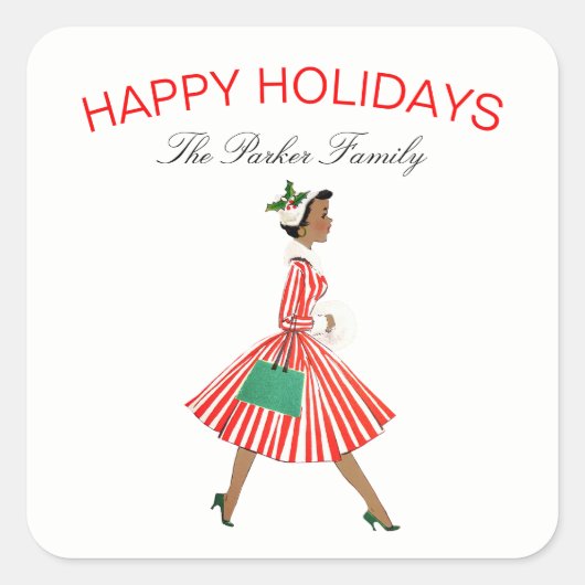 クリスマスヴィンテージレトロドレスの女性 スクエアシール (正面)