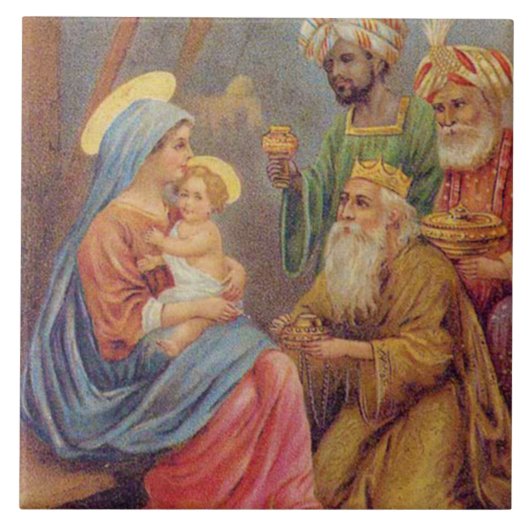 クリスマスヴィンテージ出生イエスイラストレーション タイル (正面)