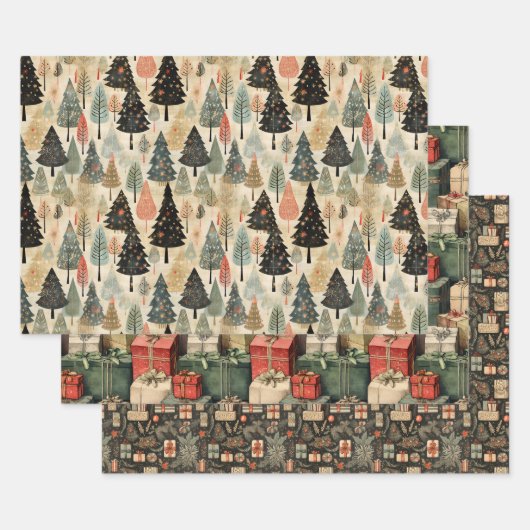 クリスマスヴィンテージ包装紙 ラッピングペーパーシート (セット)