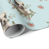 クリスマスヴィンテージ子犬ほこりっぽい青いパターン ラッピングペーパー (ロールコーナー)