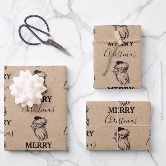 クリスマスヴィンテージ白黒クラフトサンタクロース ラッピングペーパーシート (正面)