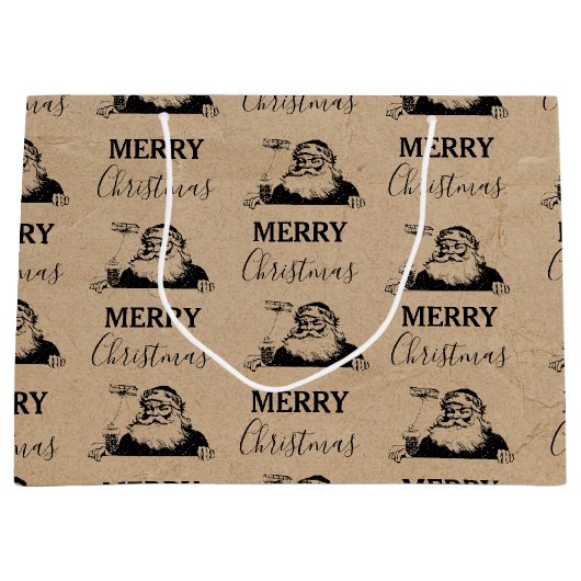 クリスマスヴィンテージ白黒クラフトサンタクロース ラージペーパーバッグ (正面)