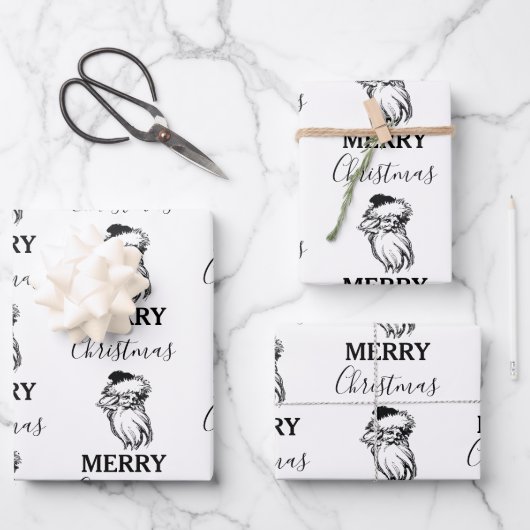 クリスマスヴィンテージ白黒サンタクロース ラッピングペーパーシート (正面)