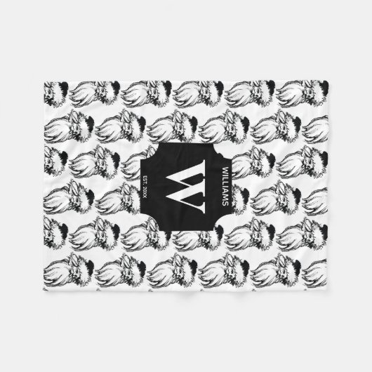 クリスマスヴィンテージ白黒サンタモノグラムの フリースブランケット (正面(横))