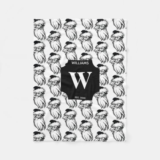 クリスマスヴィンテージ白黒サンタモノグラムの フリースブランケット (正面)