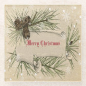 クリスマスヴィンテージ紙スクロールピネコーンスノーフレーク ガラスコースター (正面)