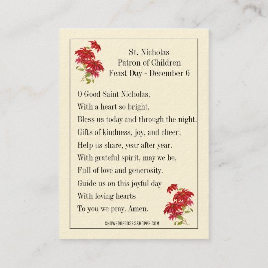 クリスマスヴィンテージ聖ニコラス祈りの言葉カード 名刺 (裏面)