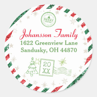 クリスマスヴィンテージ航空便のグリッターアドレス ラウンドシール