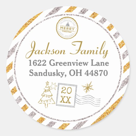 クリスマスヴィンテージ航空便金ゴールドグリッターアドレス ラウンドシール (正面)