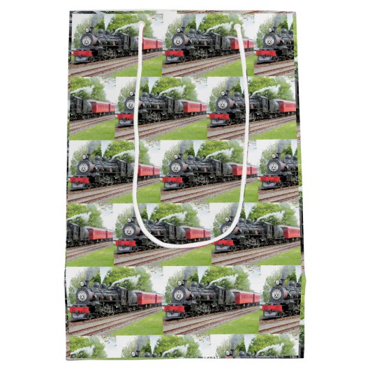 クリスマスヴィンテージ蒸気機関列車の赤パターン ミディアムペーパーバッグ (裏面)