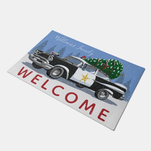 クリスマスヴィンテージ警察の車のモノグラム名ようこそ ドアマット (アングル)