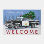 クリスマスヴィンテージ警察の車のモノグラム名ようこそ ドアマット (正面)