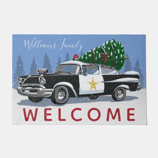 クリスマスヴィンテージ警察の車のモノグラム名ようこそ ドアマット (正面)