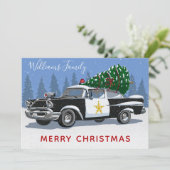 クリスマスヴィンテージ警察の車の木のモノグラム写真 シーズンカード (スタンド正面)