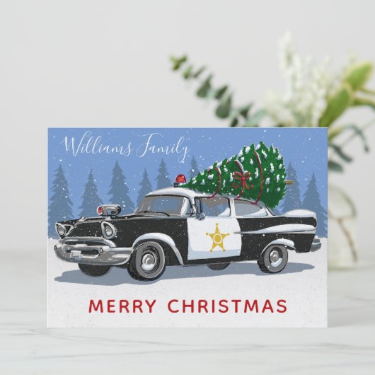 クリスマスヴィンテージ警察の車の木のモノグラム写真 シーズンカード (スタンド正面)