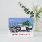 クリスマスヴィンテージ警察車ツリーモノグラム シーズンポストカード (スタンド正面)