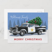 クリスマスヴィンテージ警察車ツリーモノグラム シーズンポストカード (正面/裏面)