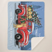 クリスマスヴィンテージ赤いトラックと犬の家族の名前 シェルパブランケット (正面)