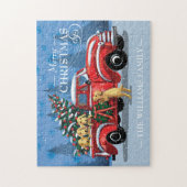 クリスマスヴィンテージ赤いトラックと犬の家族の名前 ジグソーパズル (縦)