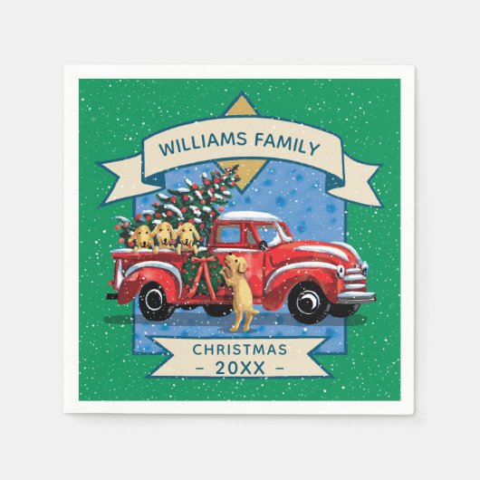 クリスマスヴィンテージ赤いトラックと犬の家族の名前 スタンダードカクテルナプキン (正面)