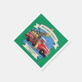 クリスマスヴィンテージ赤いトラックと犬の家族の名前 スタンダードカクテルナプキン (角)