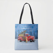 クリスマスヴィンテージ赤いトラックと犬の家族の名前 トートバッグ (正面)