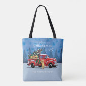 クリスマスヴィンテージ赤いトラックと犬の家族の名前 トートバッグ (裏面)