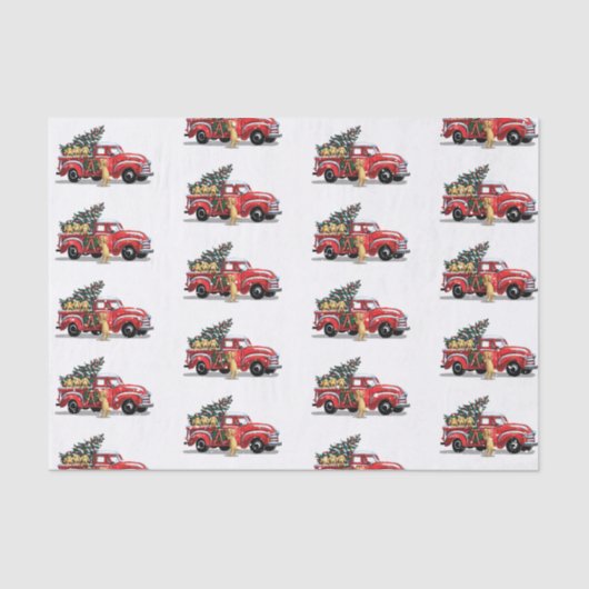 クリスマスヴィンテージ赤いトラックの犬の上に白い雪 薄葉紙 (正面)