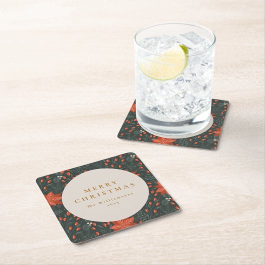 クリスマスヴィンテージ赤い植物緑カスタム園 スクエアペーパーコースター (インサイチュ)